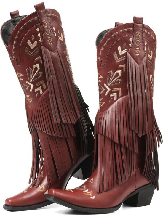 Shoes - Women's Wine Red Cowgirl Knee High Fringe Boots Rubber Fleece Microfiber